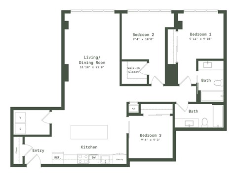Floor plan for 3 beds, 2 baths, 1296 sqft